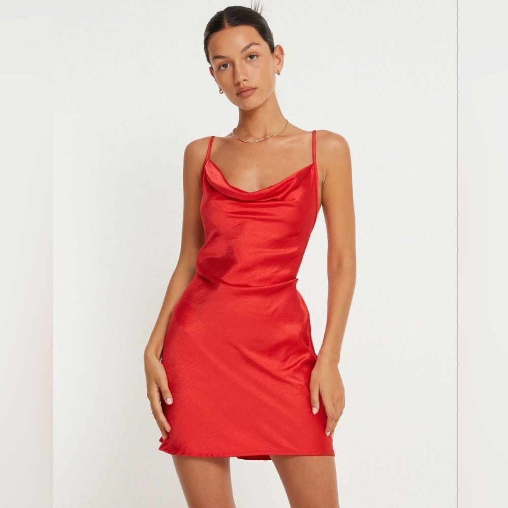 MESHKI Corvette Red Silky Satin Cowl Neck Corset Back Tie Mini Dress Size XS